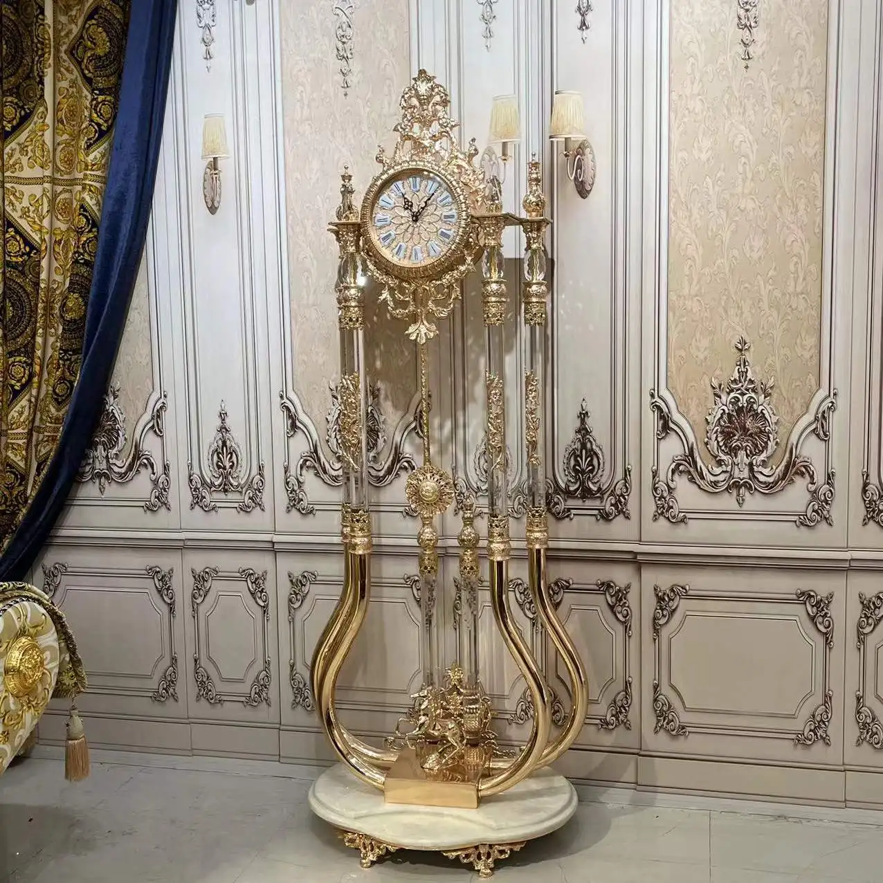 European Deluxe Crystal Clock Rose Golden Antique Standing Clock Brass Royal Grandfather Clock