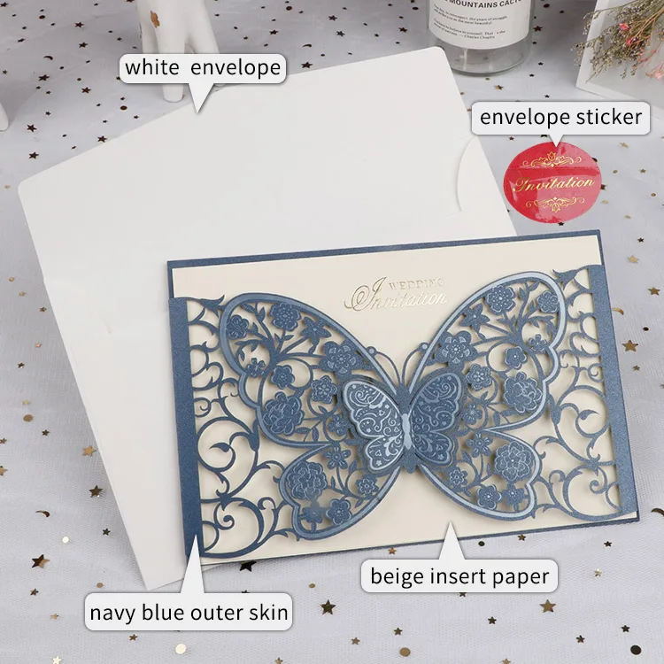 
blank insert customized names fancy invitation cards navy blue wedding invitation 