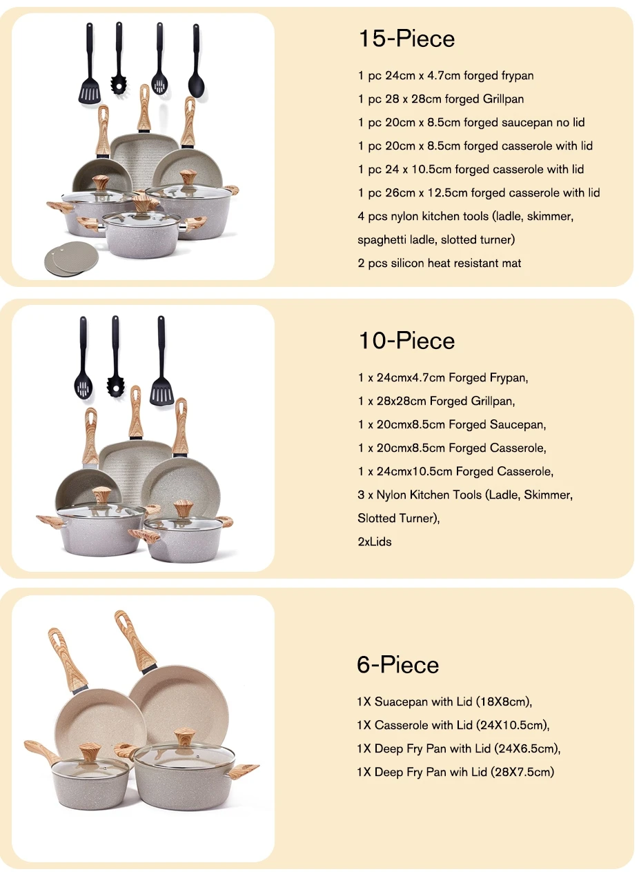 Cookware Sets Granite Coating 6pieces Set Forged Aluminum Marble Non Stick Coating Bakelite Handle with Wooden Silicon Coating