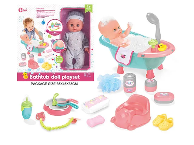 Child Baby 14 Inch Vinyl Doll Shoes Plates Bath Set 12 Sounds With Toilet Feeding Bottle Play House Home Pretend Toys For Kids