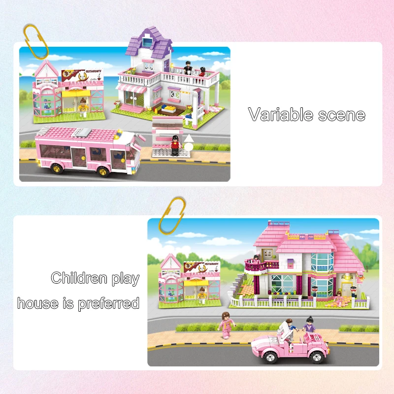 Woma Toys J5760 Pink Stree View Big Villa House Brick Building Blocks Kids Girls