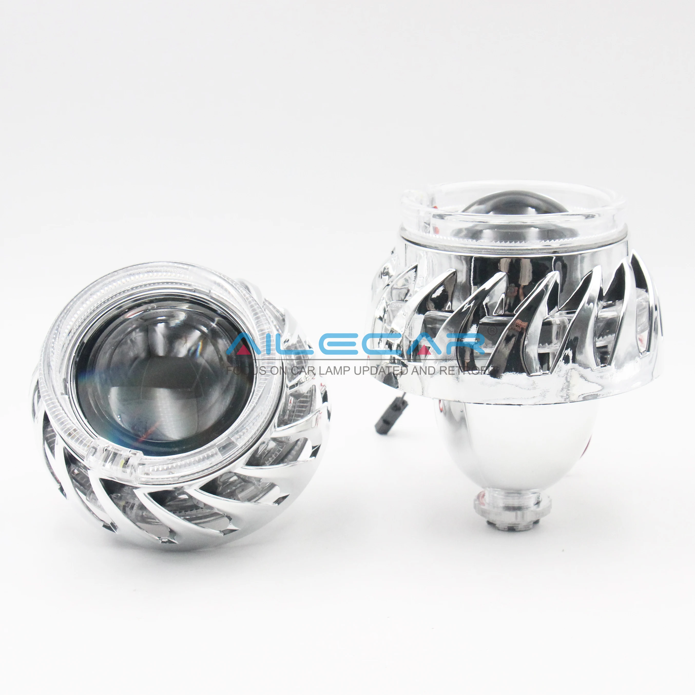 ALECAR Wholesale 2.5 inch Mi ni H1 turine shrouds bi xenon headlight projector lens with dual led multi-colored angel eyes