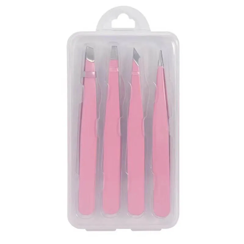 Beauty Customized 4pcs Eyebrow Eyelash Tweezers Set  Black Pink Slanted Pointed Eyelash Eyebrow Tweezers Set with case