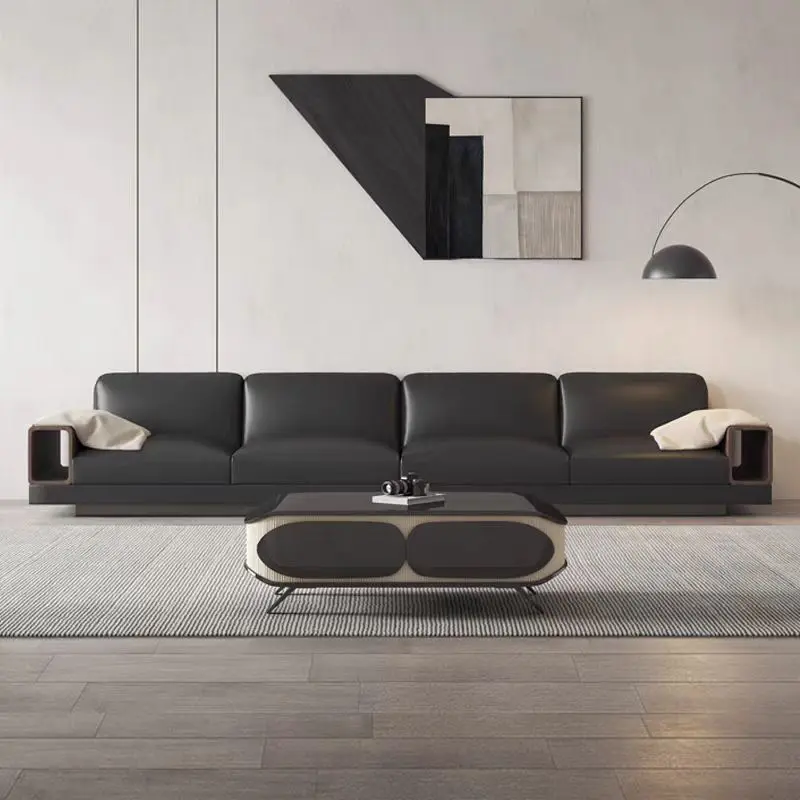 Italian Designer 4-Seater Modular Black Leather Sofa Large Sized Living Room Furniture Set for Hotels and Gyms