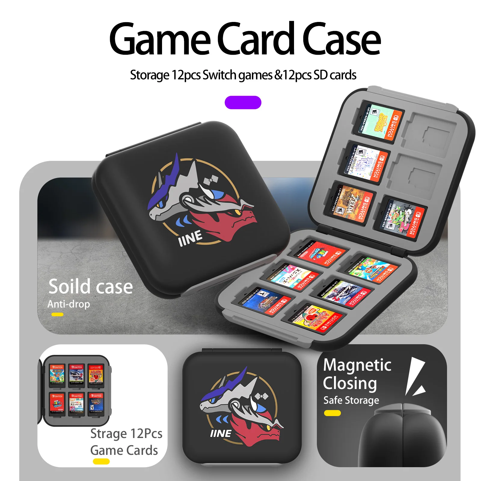 IINE  Game Card Storage Case for Nintendo Switch,Storage 12pcs Cards Surface Waterproof Hard Shell Game Card Cartridge,Black