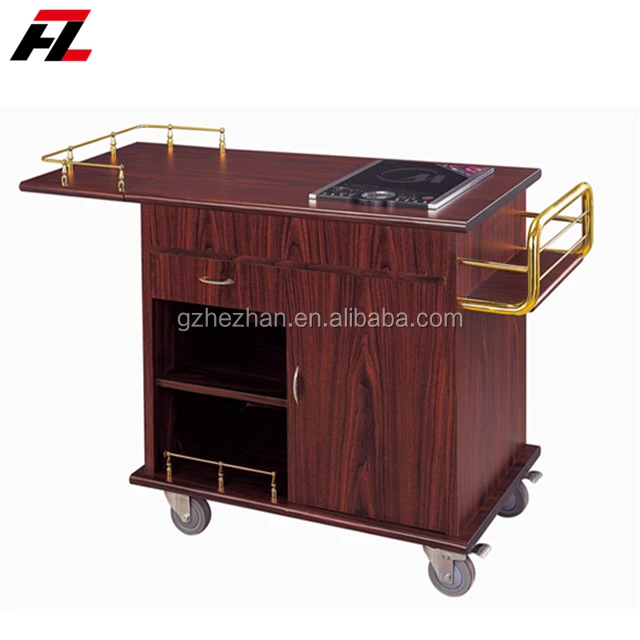 
Luxury Food service Flambe Trolley with double gas stoves and wheels 