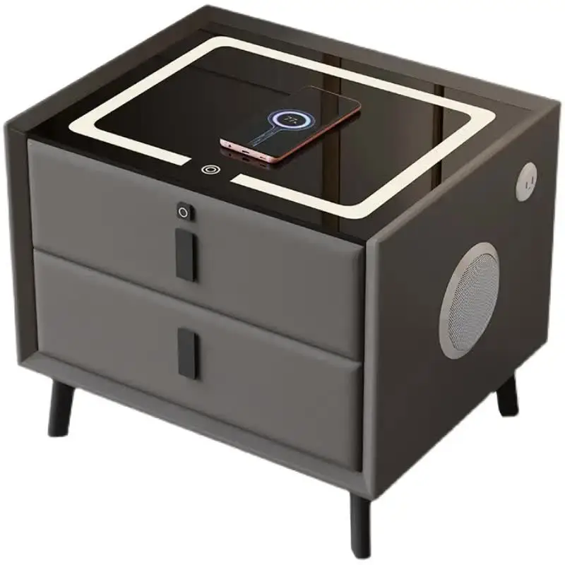 modern smart night stand with LED USB wireless charging fingerprint unlock plug base bedroom bedside table rock play music