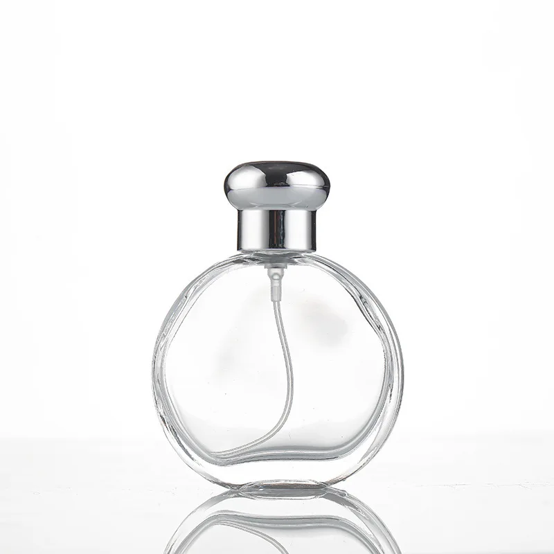 Transparent Flat Round Perfume Bottle 50ml 100ml Crimp Fragrance Glass Bottle with Atomizer