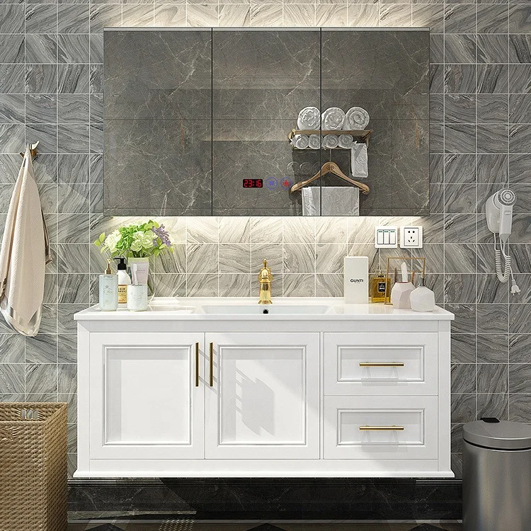 Knock-Down Modern Wall Hung Marble Countertop Bathroom Vanity Cabinet With LED Mirror
