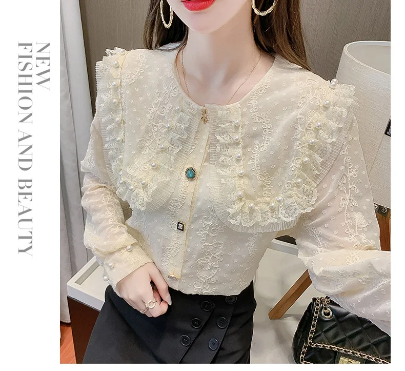 Fall 2021 Lace Pearl Lace Blouse Long sleeve Blouse for women
