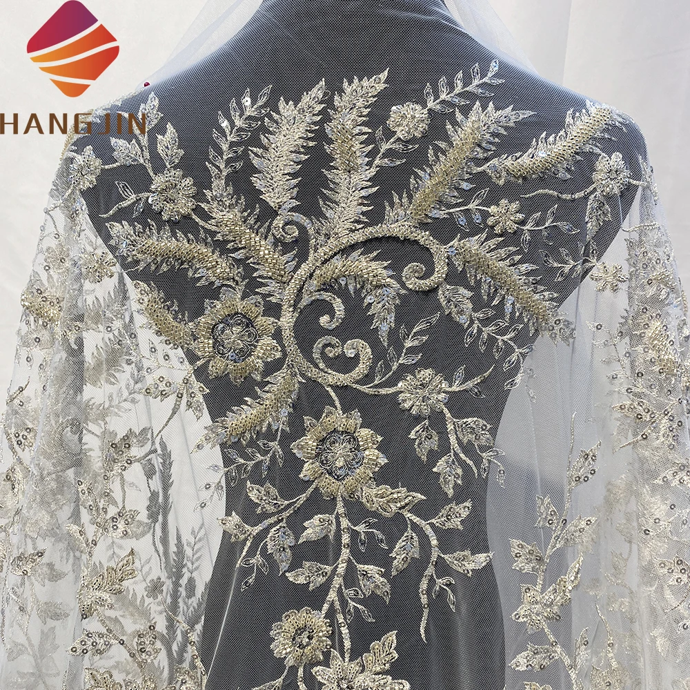 Luxury Champagne French Bridal Lace Fabric Pearls Embroidery Beaded Tulle Lace For Party Wedding Dress