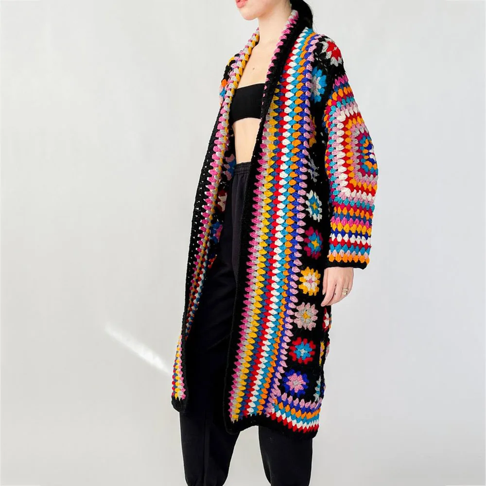 Женский вязаный кардиган ручной работы в стиле бохо ажурный длинный пончо пальто крючком свитер для