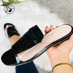 2023 Summer Hot sale ladies Sandal fashion transparent chains decorative woven solid color patchwork women flat slippers