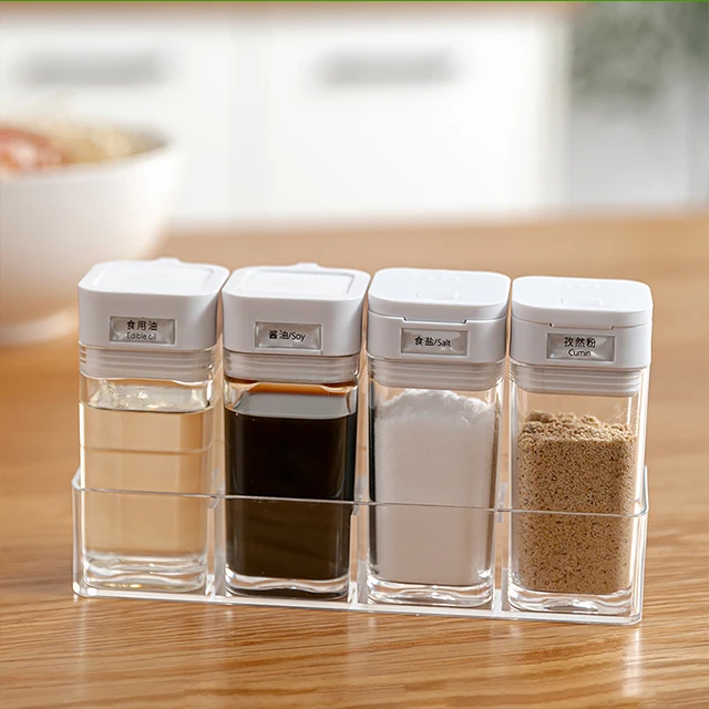 JILEN- 4 Piece Seasoning Box, Transparent Spice Storage Containers with Spoons,for Holding Spices Seasoning box