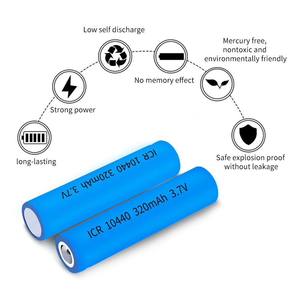 
3.7V ICR10440 320mAh Rechargeable Lithium Ion Batteries for LED Flashlight Torch 