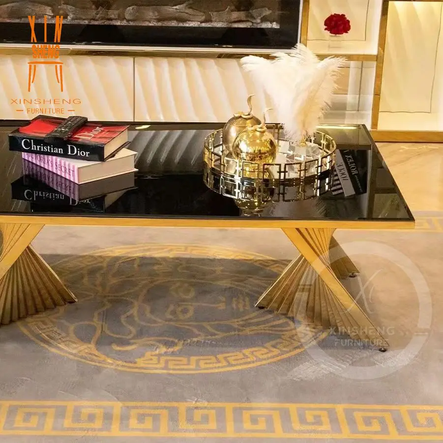 New Luxury Rectangle Black Glass Top Low Coffee Center Table For Living Room