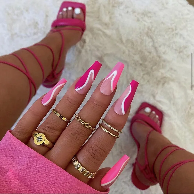 24Pieces Black Color Ballerina Coffin Square Stiletto French Designs False Nail Press On Nails With Jelly Glue
