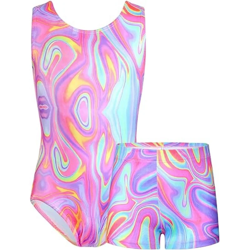 No Sleeve Purple Sparkle Sublimation Galaxy Kids Gymnastics Practice Girls Leotards Training Attire Shorts 2 Pcs Set Gym Leotard