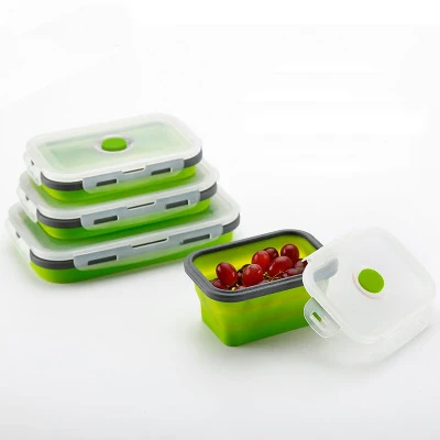 
food grade microwavable collapsible kids food storage leak proof reusable rectangle folding portable silicone lunch box 