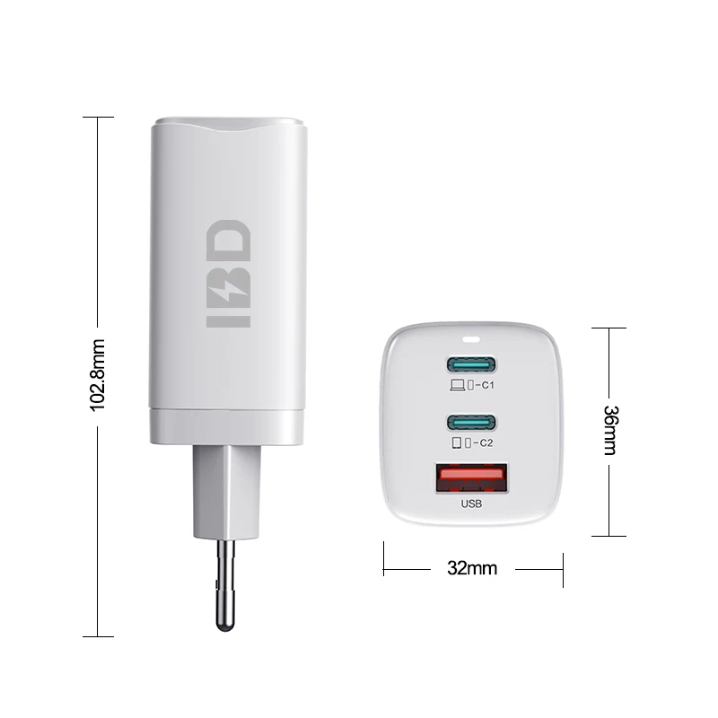 OEM Ган технологии 65W Мобильный телефон зарядное устройство USB-C PD мощность 2 Type-c настенное для планшетного ПК и мобильного