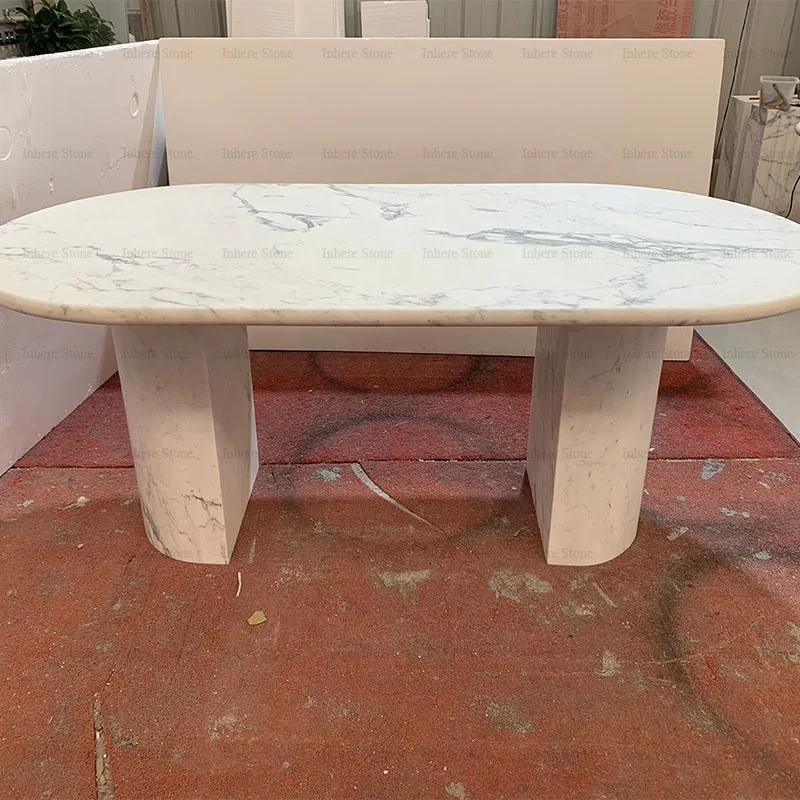 Custom Made Natural Stone Nordic Home Furniture Italian Snow White Marble Top Oval Statuario White Marble Dining Table
