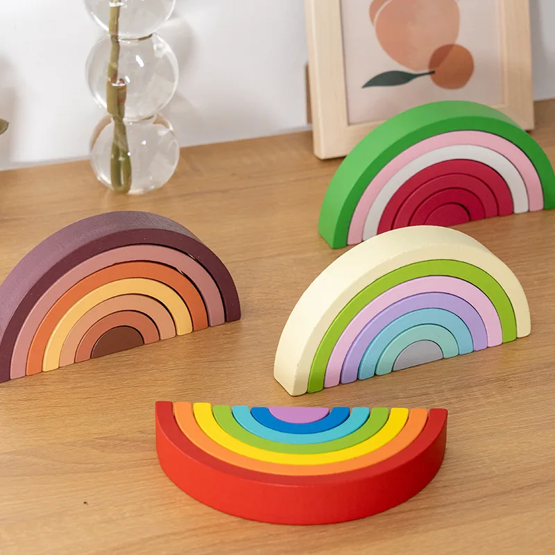 Wooden Rainbow Stacker Nesting Puzzle Blocks Tunnel Stacking Games Building Creative Color Shape Education Toy