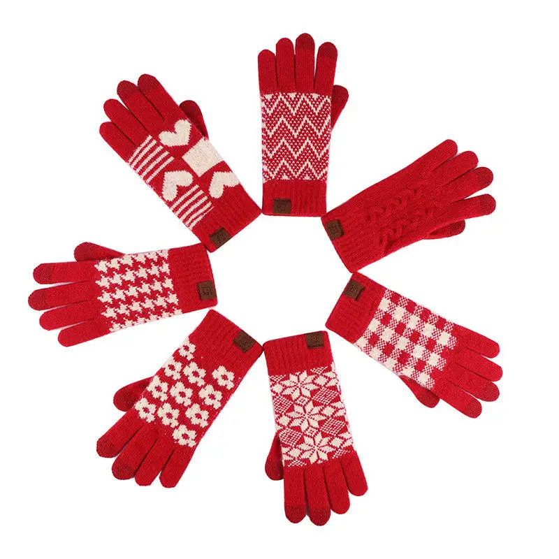Wholesale red Christmas snowflake Love New Year gloves Winter warm touch screen outdoor riding fleece gloves