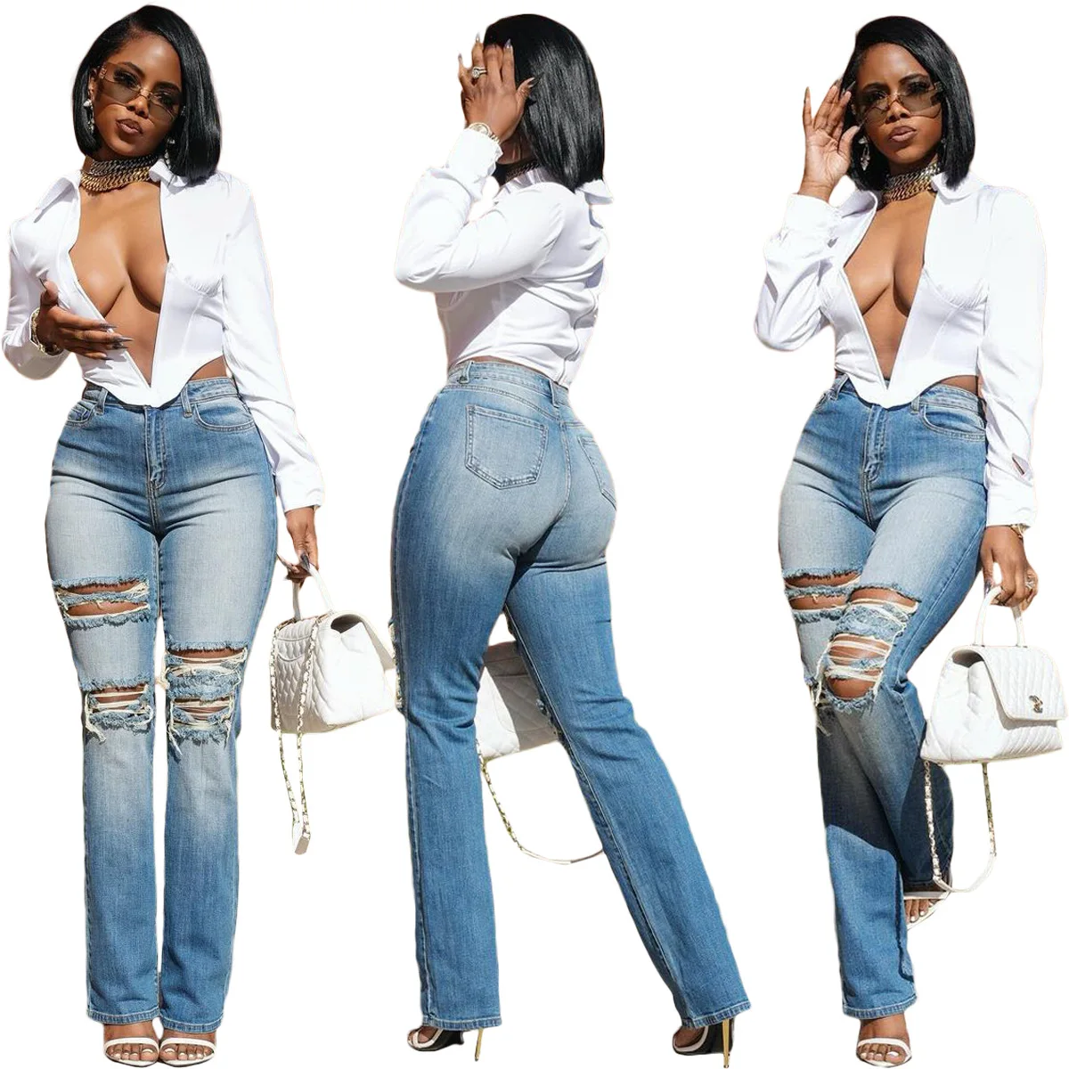 trending products 2024 new arrivals Stretch slim fit ripped washed denim jeans pants for women