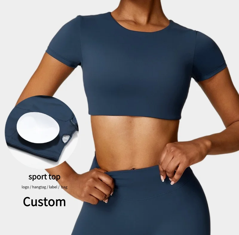 Low MOQ Customize Gym Clothing For Women Built in Bra Sports Top High Intensity Workout Clothes Brushed Fabric Yoga Tshirt