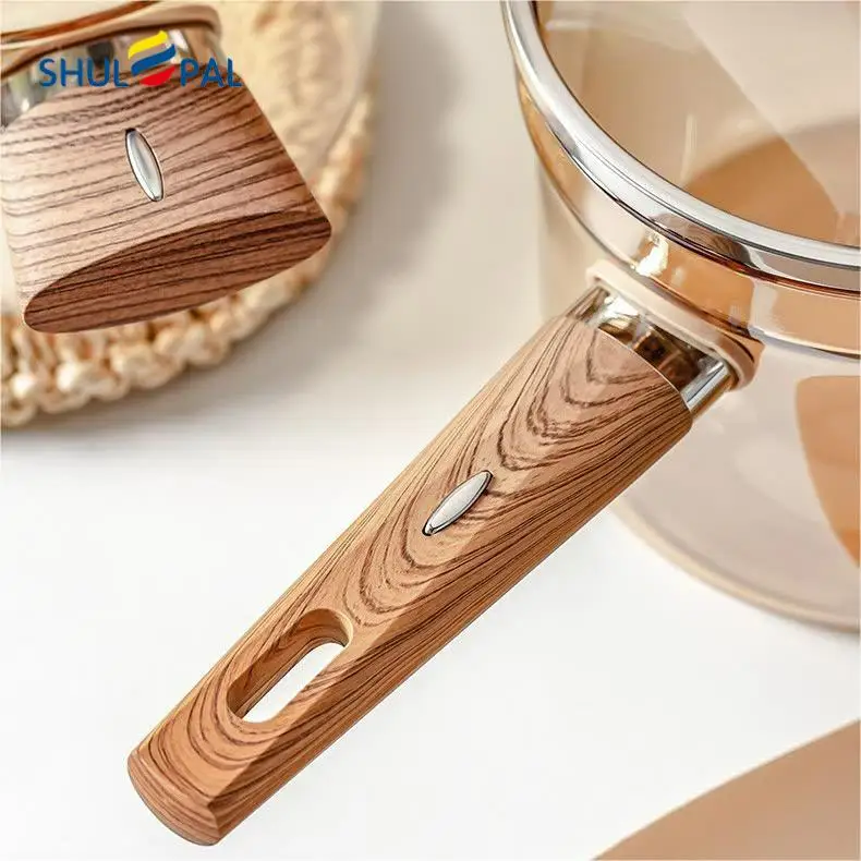 High Borosilicate Glass Kitchen cookware Clear Glass Cooking Pot with wooden Handle for one person