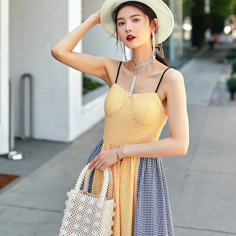 Sexy off-shoulder checked skirt 2024 New Korean style fashion mix colours dress women