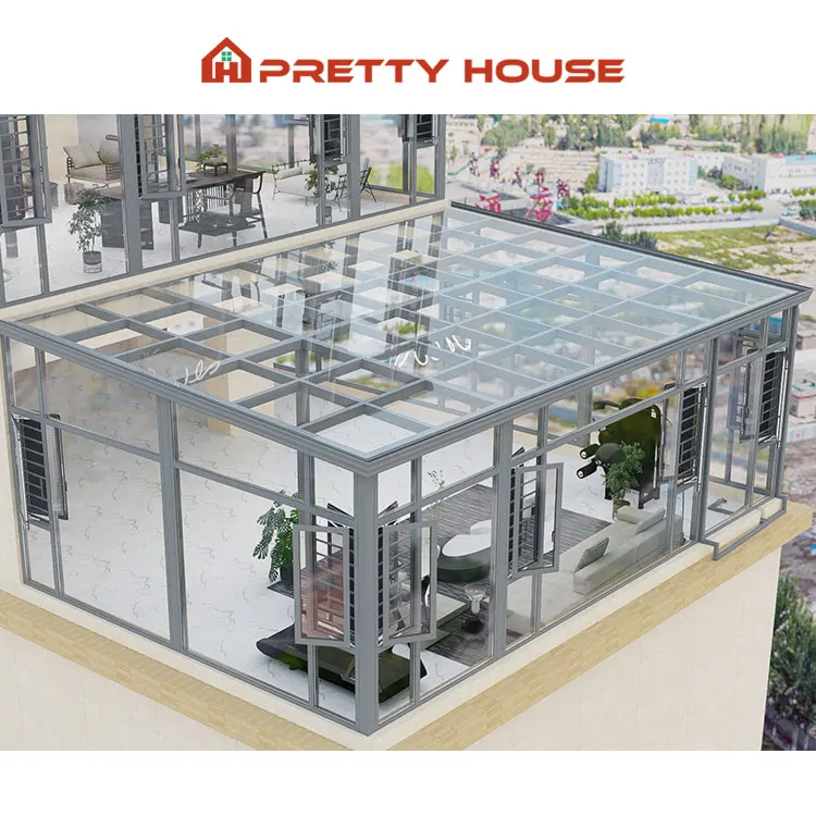 Customized Outdoor Veranda All Season Flat Freestanding Sunrooms Glass Houses Aluminium Slant Sun House