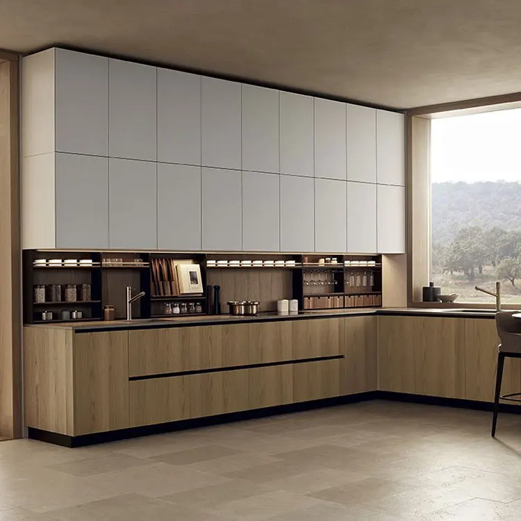 Foshan City Beautiful Natural Solid Wood Grain Modern Kitchen Cabinet