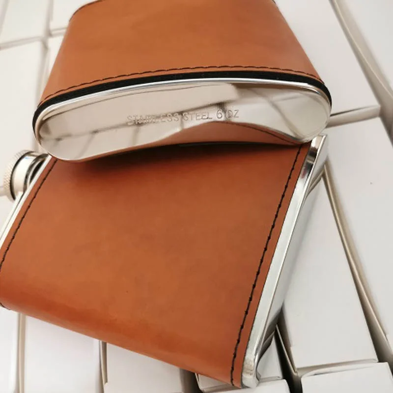 
wholesale hennessy stainless steel 6oz Custom Engraved Brown Leather Hip Flask 