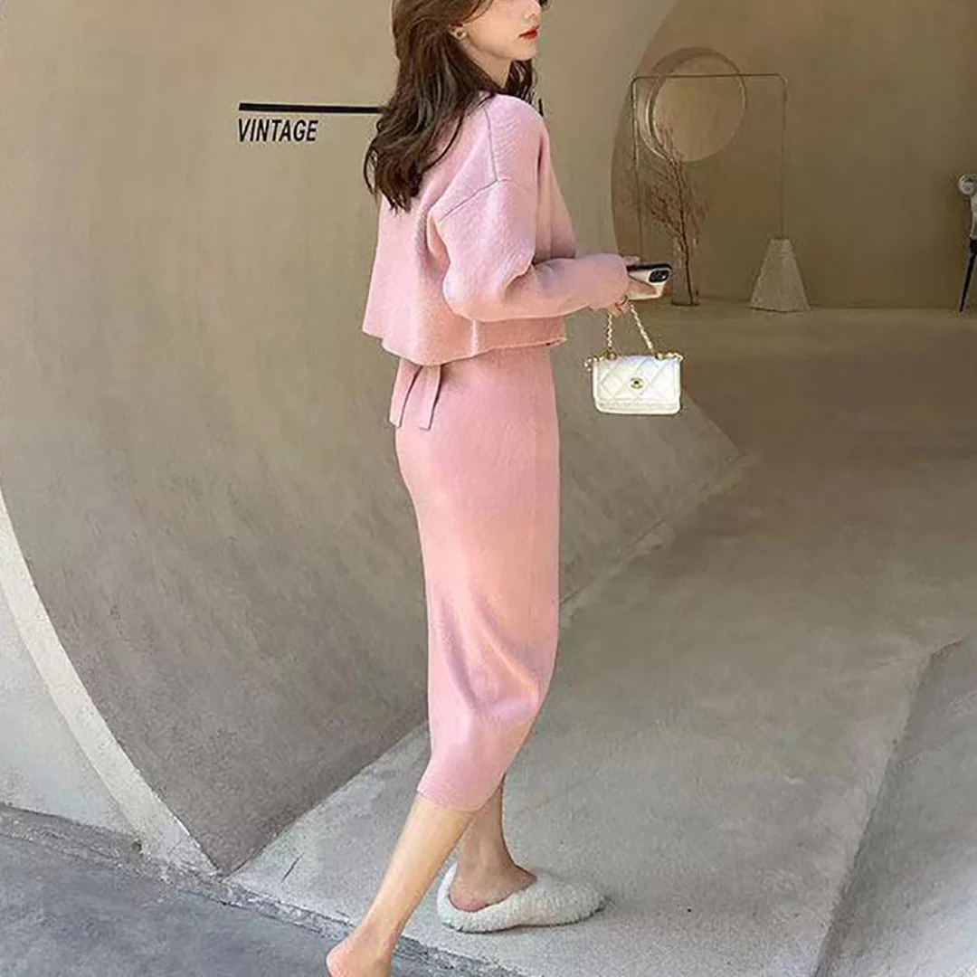 2022 Winter Fall Casual Fashion Long sleeve Knitted Cardigans Spaghetti Strap Sweater Dress For Women 2 Piece Set Clothing