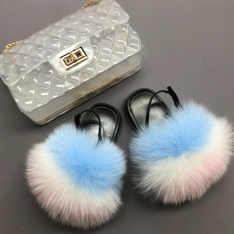 
Fluffy big child fur slides fox fur slides and purse for kids 