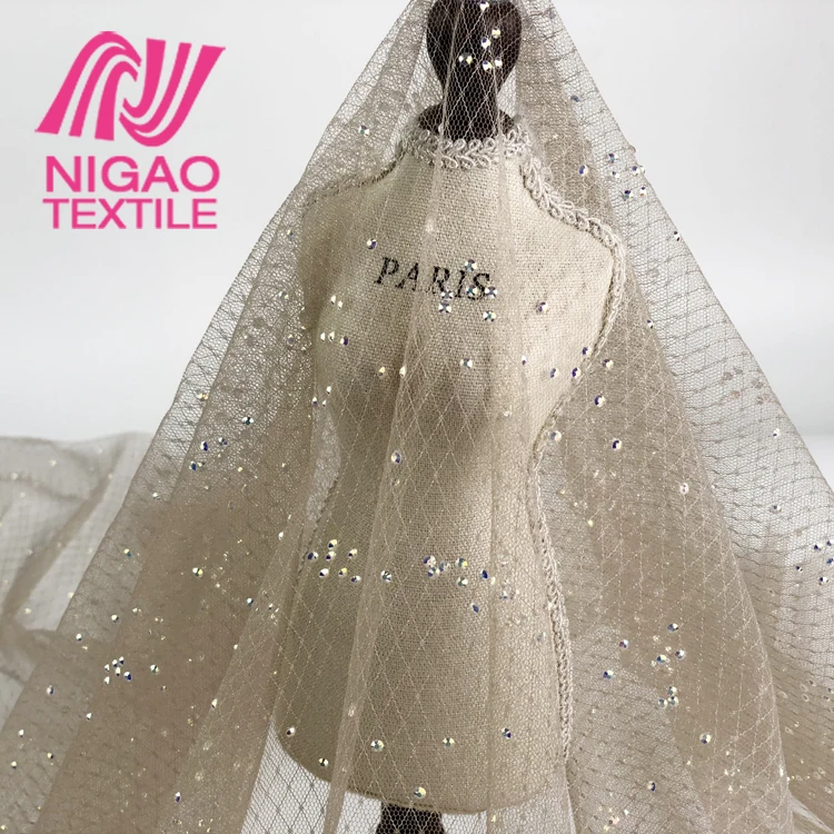 Spring and summer fabrics rhinestone covered tulle fabric Crystal voile lace fabric for wedding party dress