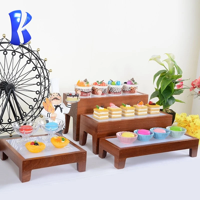 Okey Banquet catering event decoration equipment wooden carved buffet wood dessert display stand rack buffet riser for sale