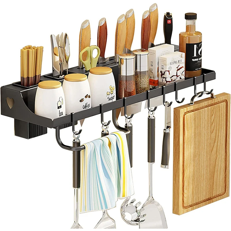 Stainless Steel Wall Mounted Storage Organizer Kitchen Knife Spoon Utensils Holder Rack With Towel Hanger