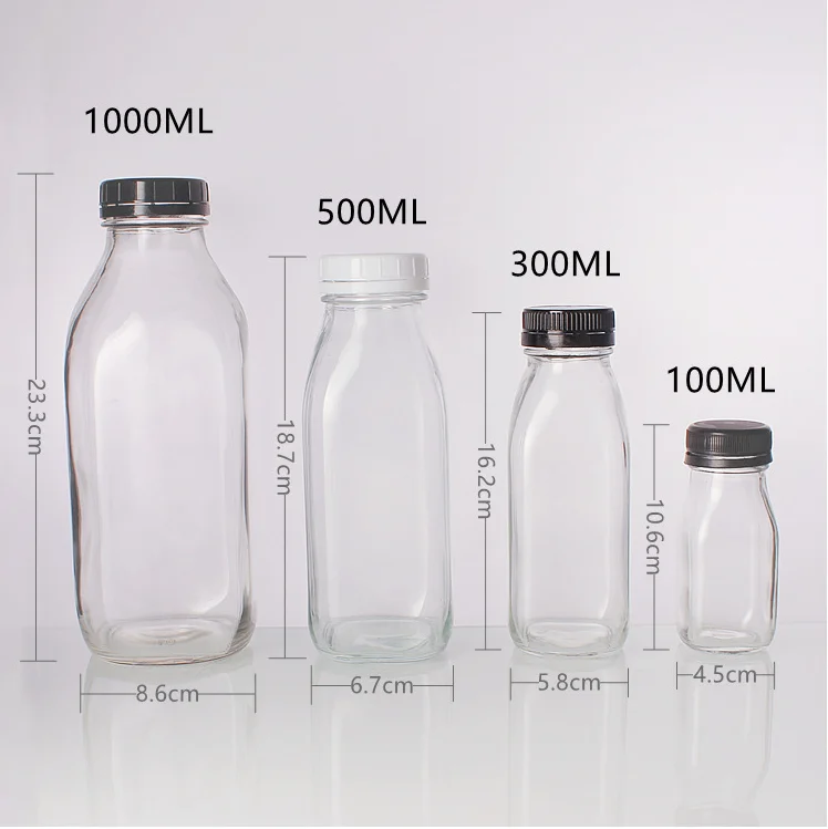 300ml 500ml Food grade glass bottles Square Milk Jars with Lids clear milk bottle holder with plastic lids