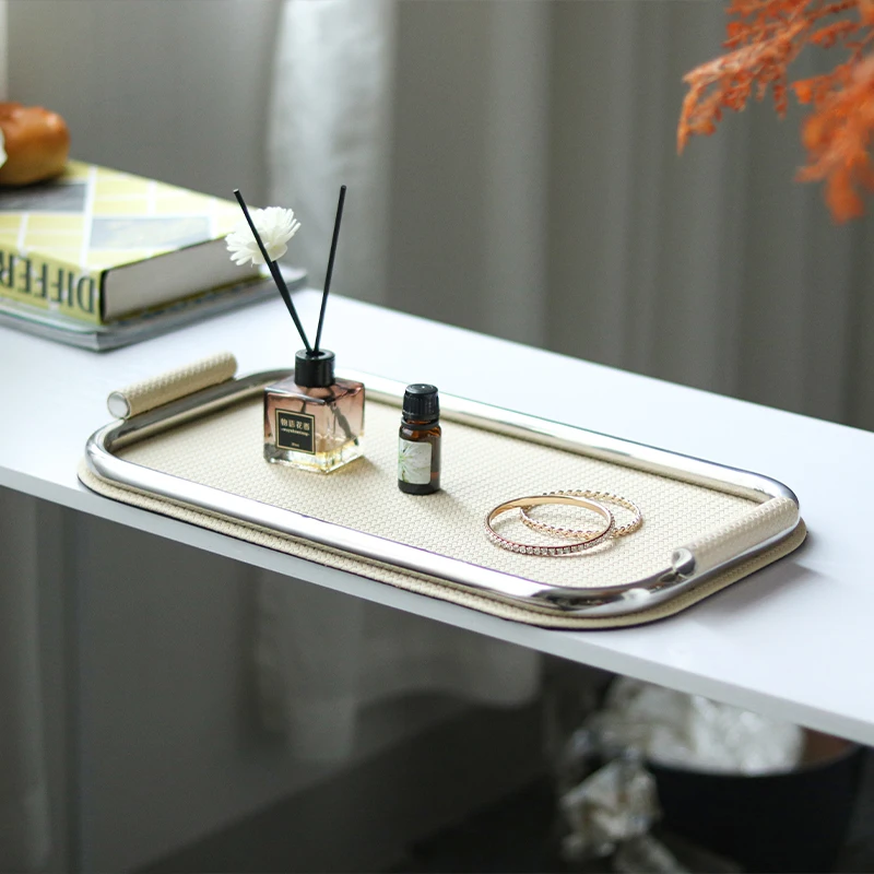 Hotel Metal Serving Trays Customised Light Luxury Metal Storage Tray Upscale Leather Home Service Tray