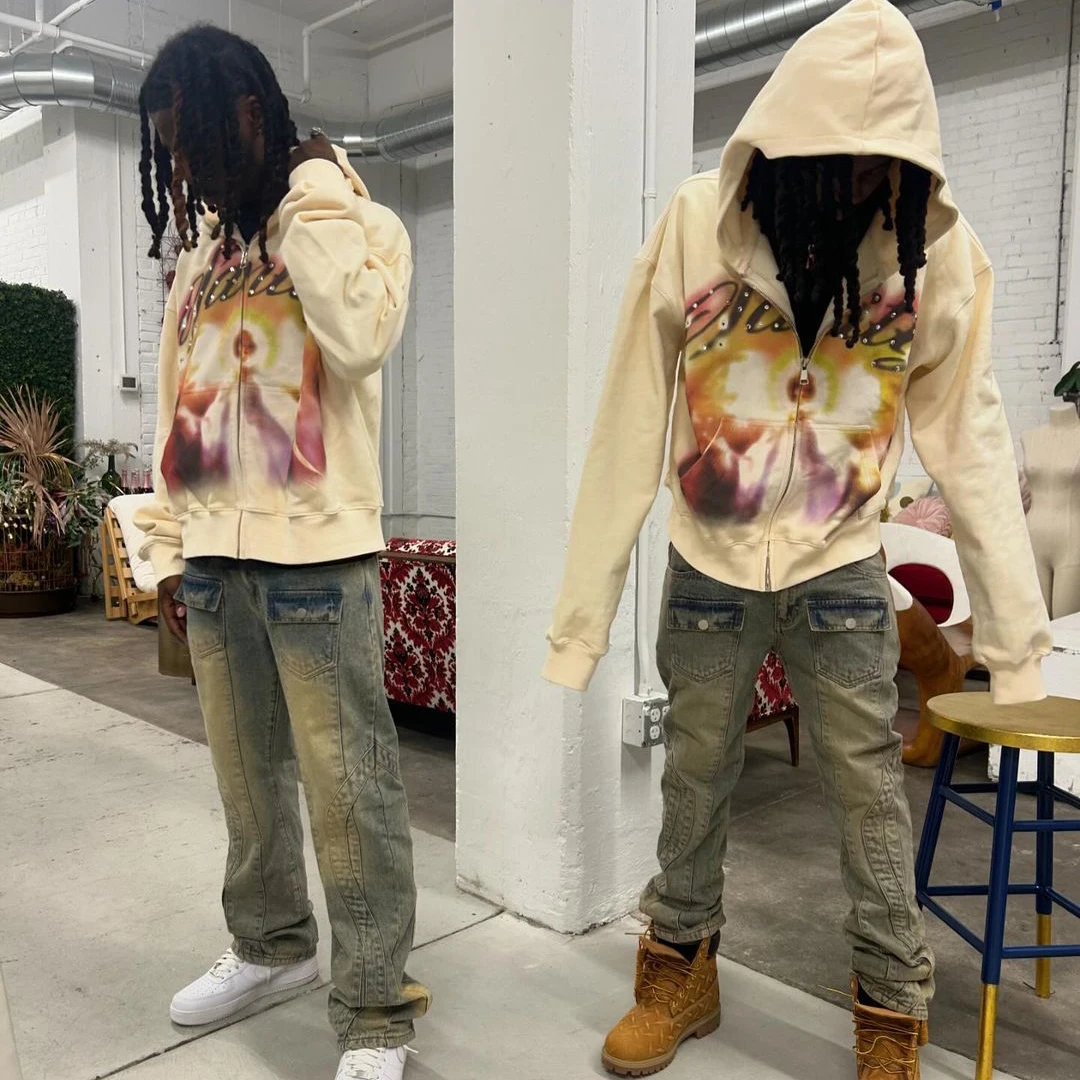 OEM Custom streetwear zipper french terry thick cropped rhinestone DTG graphic mens zip up hoodies