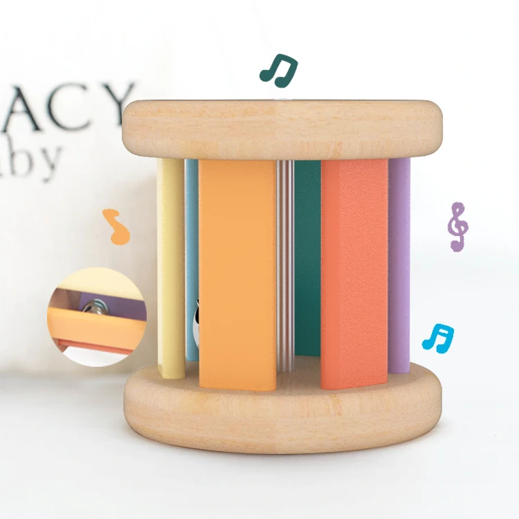 Wholesale natural Wood Rattle Montessori Cylinder Rolling Drum Bell Sensory Toys With Musical for babies 6-12 months dropshippin