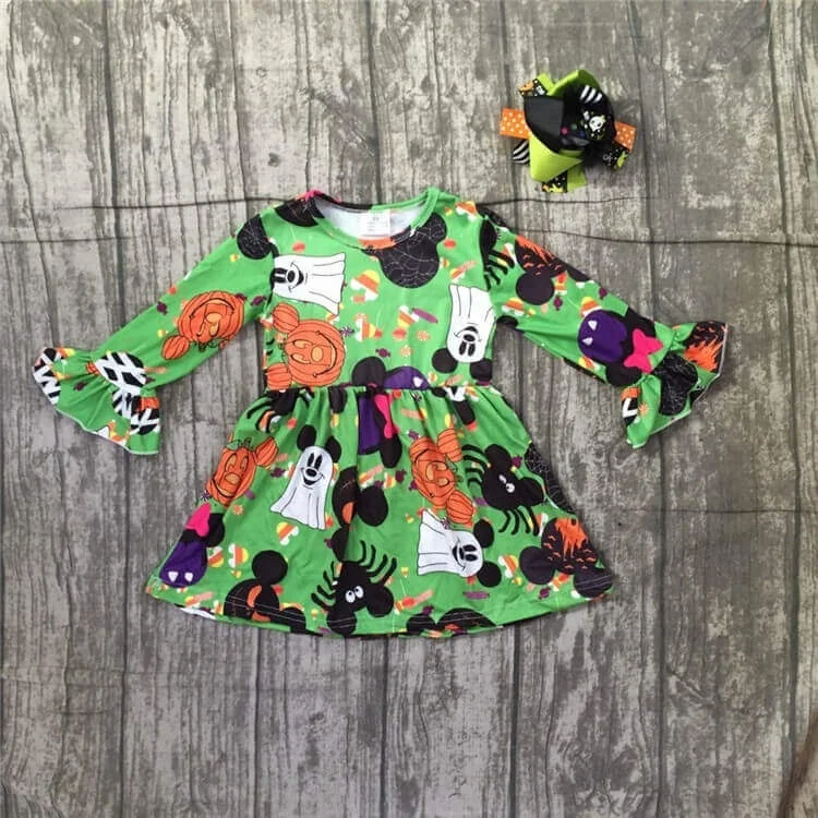 Halloween green dress girls long sleeves mouse print children milk silk pumpkin bow clothing boutique baby dresses