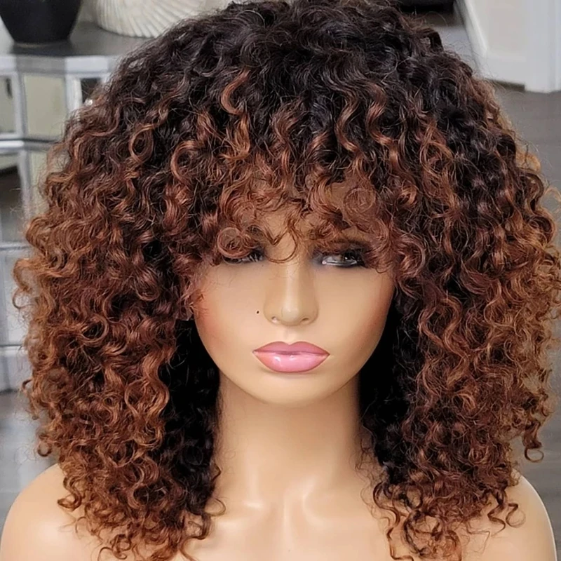 Cute Curly Wave Ombre Brown Colour Cuticle Aligned Human Hair Lace Front Wig With Hair Bang