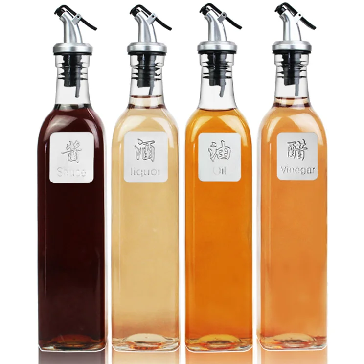 kitchen 500ml square glass vinegar bottle oil bottle with with pourer spout lid