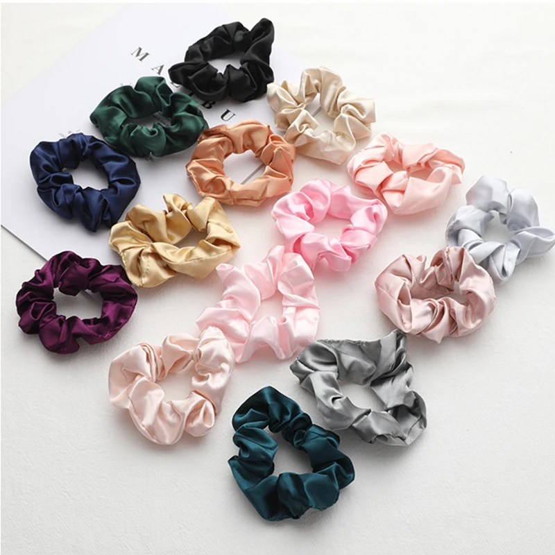 Wholesale Custom Logo Solid Color Luxury black Satin Elastic Oversized Hair Ties Headband Scrunchies