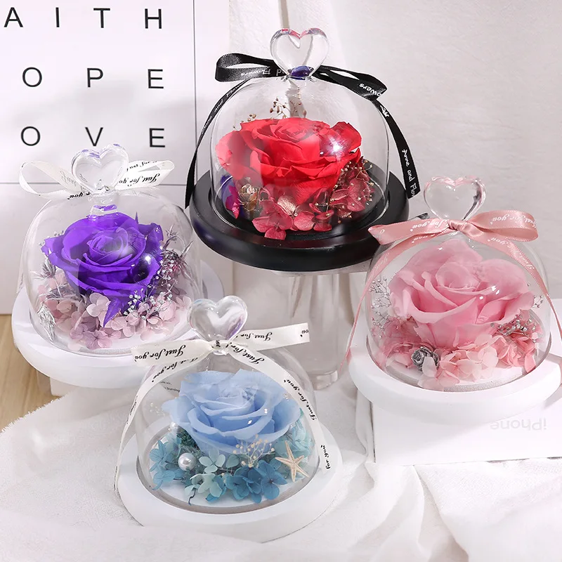 Wholesale long lasting eternal rose Unique Preserved Flower In Heart Glass Dome Wedding Items Anniversary Gift For Wife
