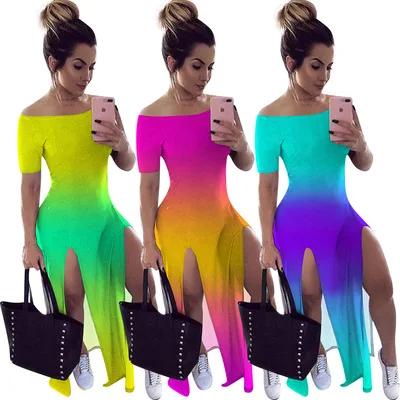 Summer Dresses Women Casual Gradient Contrast Color Boat Neck Split Sexy Dress