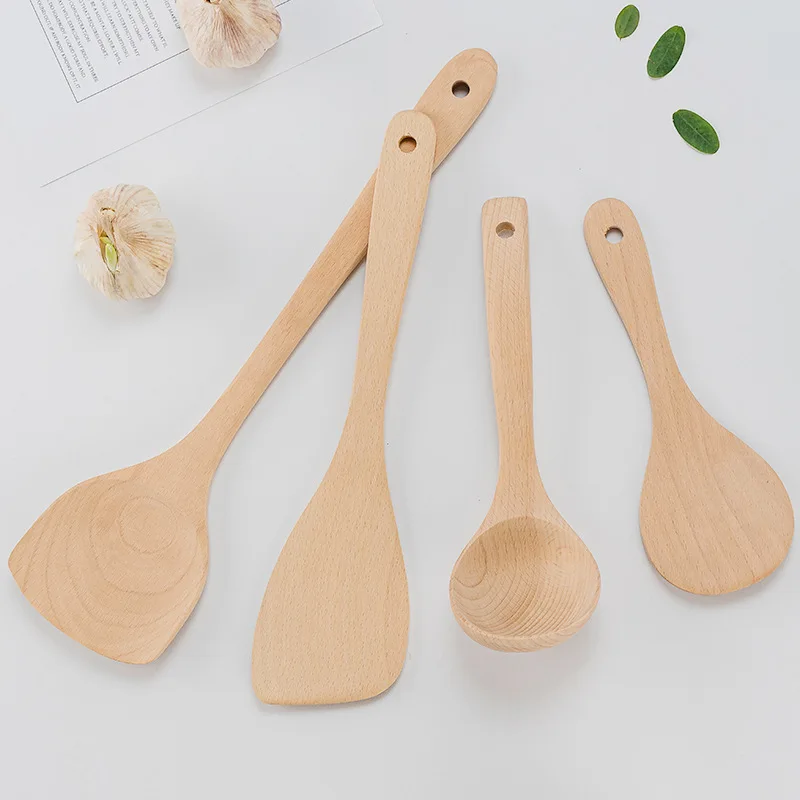 Beech Unpainted And Unwaxed Kitchen Cooking Wood Spatula Scoop Set Long Handle Cooking Spoon Kitchen Wood Shovels
